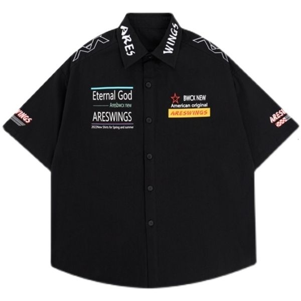 

men's casual shirts vintage short sleeve shirt letter embroidery oversized cotton streetwear summer blouses for men uniform 230719, White;black