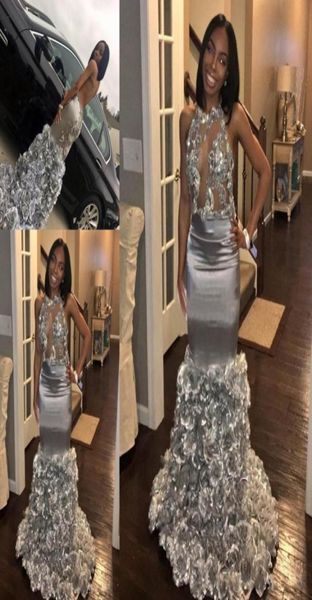 

black girl prom dresses long lace applique sleeveless mermaid silver evening dress with rose flowers formal african party gow5758230