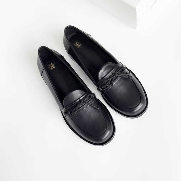

pure original toteme single shoes women's new black round toe lefu women's shoes bow tie up flat bottom small leather shoes single