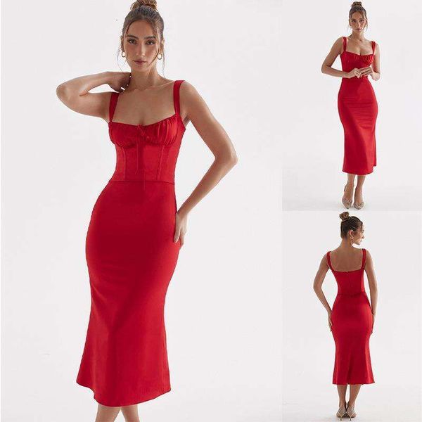 

womens summer red suspender dress slim fit backpack tail long, Black;gray