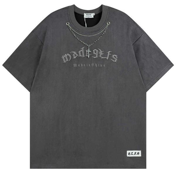 

short sleeve t-shirt with necklace letter embroidery men's ins hip hop loose half sleeve summer china-chic suede top, White;black