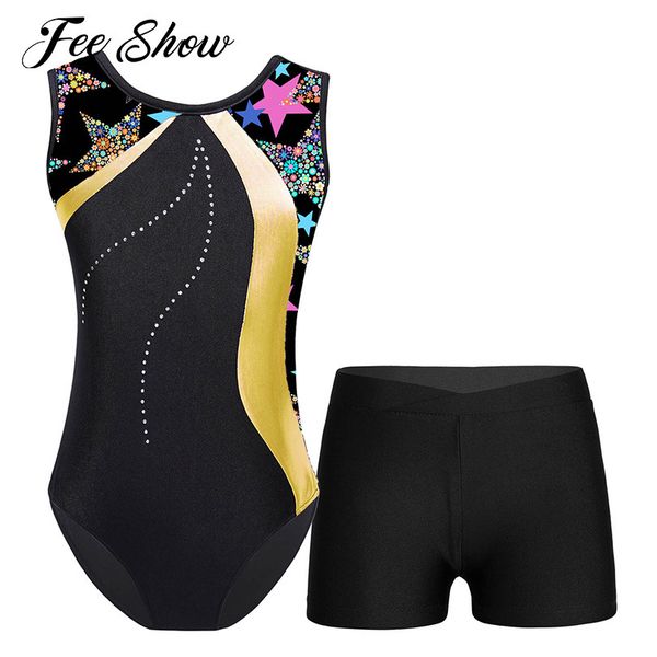 

sports socks teen kids girl gymnastics bodysuit dancewear ballet leotards girls sleeveless printed stretchy dance leotard with shorts outfit, Black