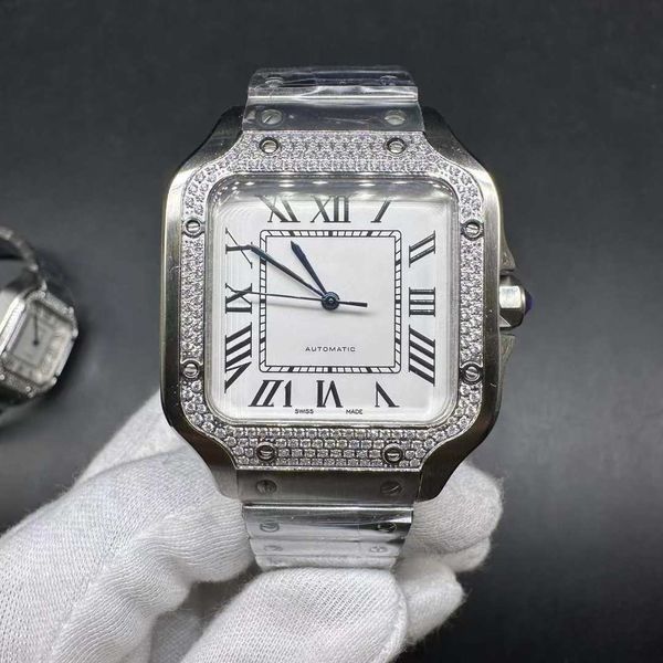 

diamond men automatic watches stainless steel case 38.5mm diamonds bezel white dial no date men watch, Slivery;brown