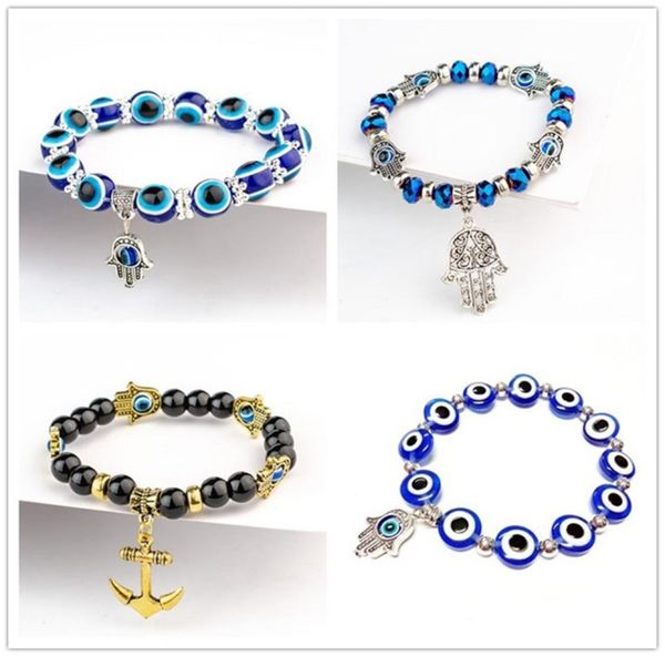 

fatima hand hamsa bracelet jewelry women man gold silver color fashion blue devil evil eye plam bell beaded anchor charm bracelets9888639, Golden;silver