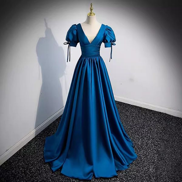 

blue evening dress long prom gowns v-neck with sheer tulle lace-up back, Black;red