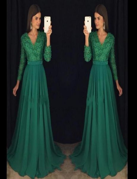

emerald green evening dresses elegant chiffon beaded sashes formal long prom gowns with long sleeves vneck sweep train party gown3007511, Black;red