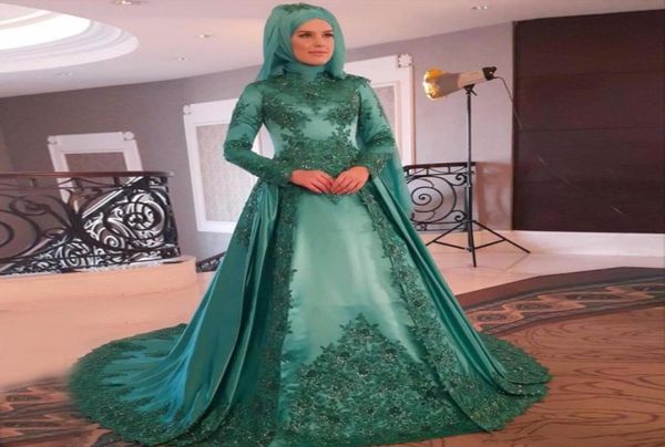 

long sleeves muslim evening dresses elegant high neck appliques beaded lace satin green evening gowns formal prom dresses sweep tr9905749, Black;red