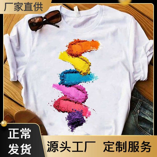 

japanese and korean color nail polish round neck short sleeved t-shirt women's milk silk t-shirt, White