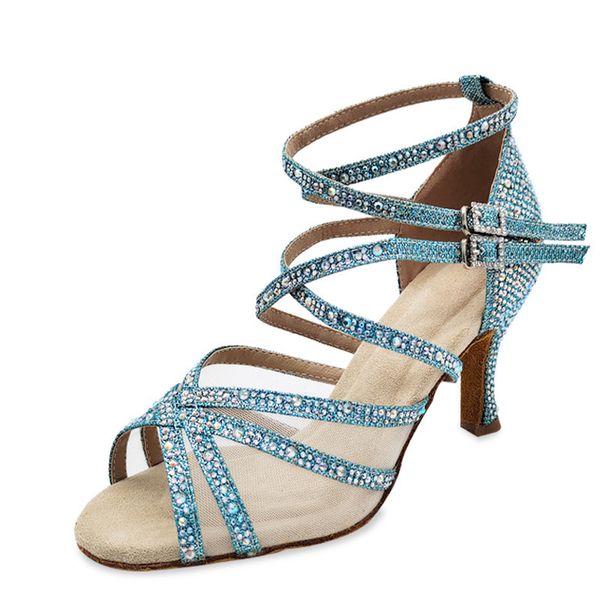 

dance shoes with drill latin dance shoes women high-heeled reticular ventilation soft bottom salsa dance shoes mid-heel indoor party sandals