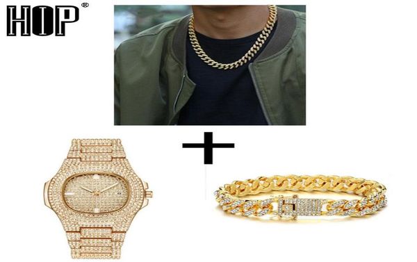 

silver necklace watchbracelet hip hop miami curb cuban chain gold full iced out paved rhinestones cz bling for men jewelry8125440