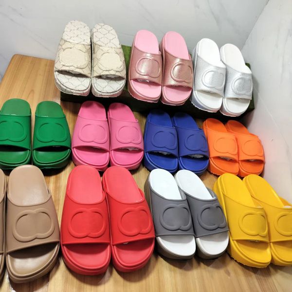 

designer slippers interlocking platform sandals mens rubber thick bottom slides embroidered canvas fashion slip summer beach causal slip yza, Black