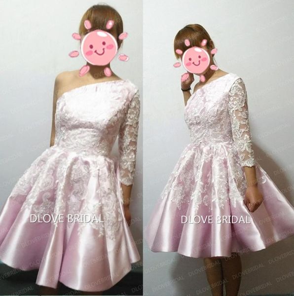 

real po pink satin white lace cocktail dresses one shoulder applique a line short 34 long sleeve homecoming dress prom party g8311874, Black