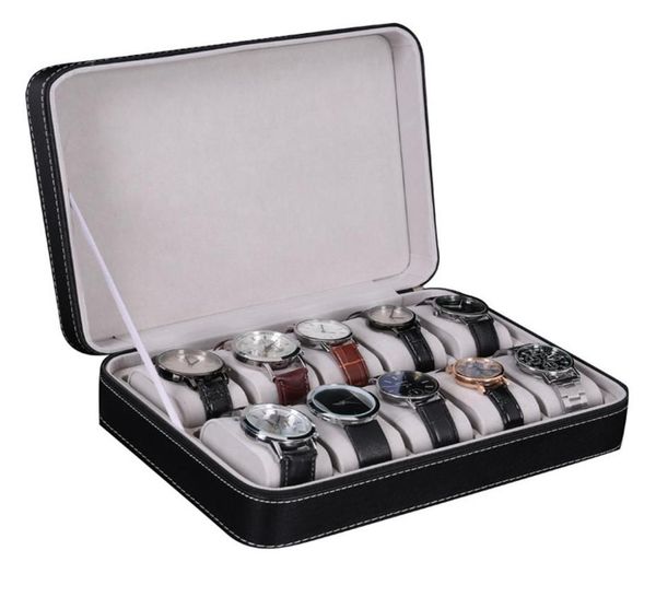 

10 slot watch box storage boxes display case jewelry organizer with 10 removable watch pillow velvet lining zipper closure synthet2705458, Black;blue