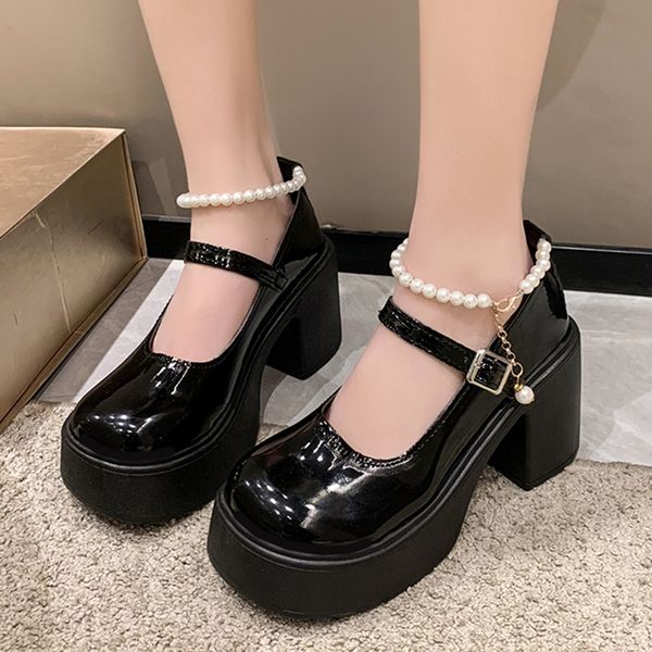 

dress shoes black patent leather mary janes shoes women pearl buckle strap thick platform pumps woman fashion super high heels banquet shoes