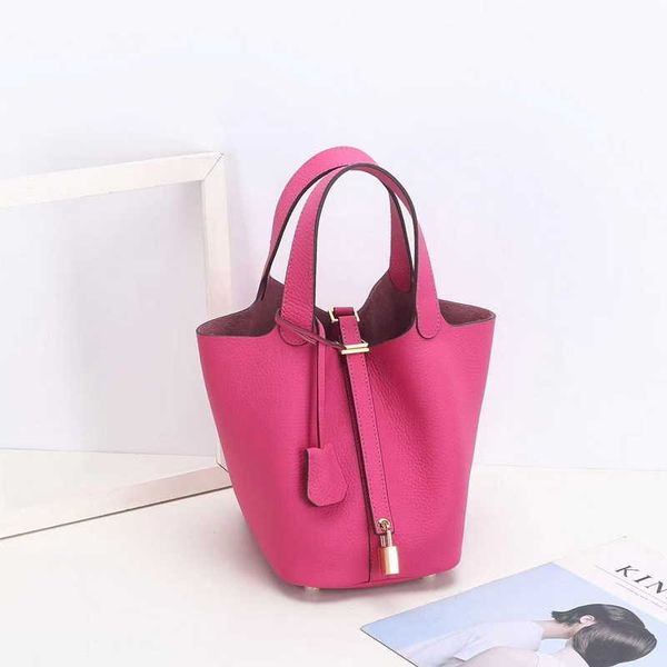 

luxury picotin lock bag new 2023h first layer litchi grain leather bucket bag brand fashionable gold buckle kraft vegetable basket women&#03