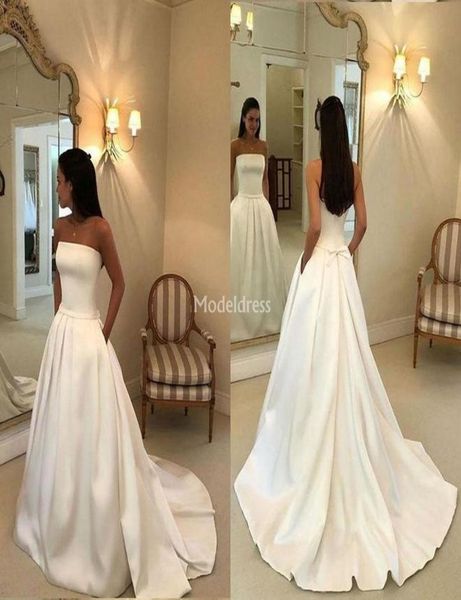 

simple black girl wedding dresses strapless a line sweep train bow pockets garden bridal gown plus size chapel castle chic vestido5856271, White