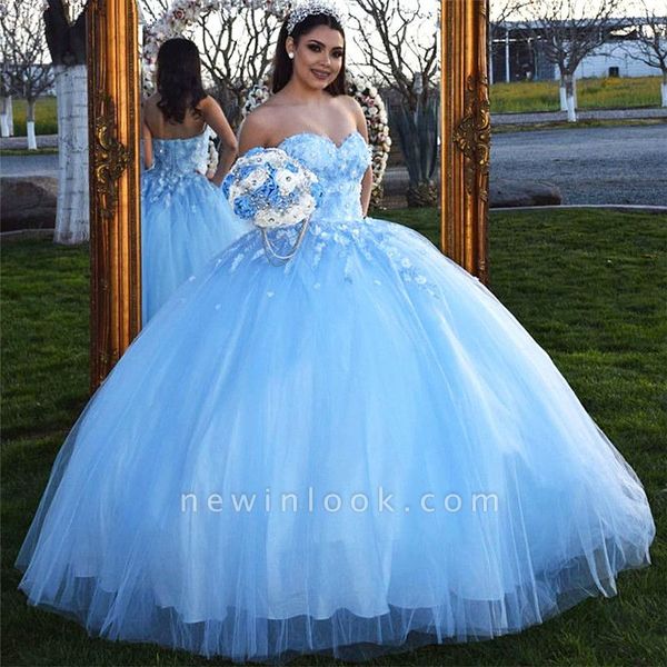 

sky blue princess quinceanera dresses ball gown sweetheart 3d flowers appliques sweet 16 evening dresses prom party gowns, Blue;red