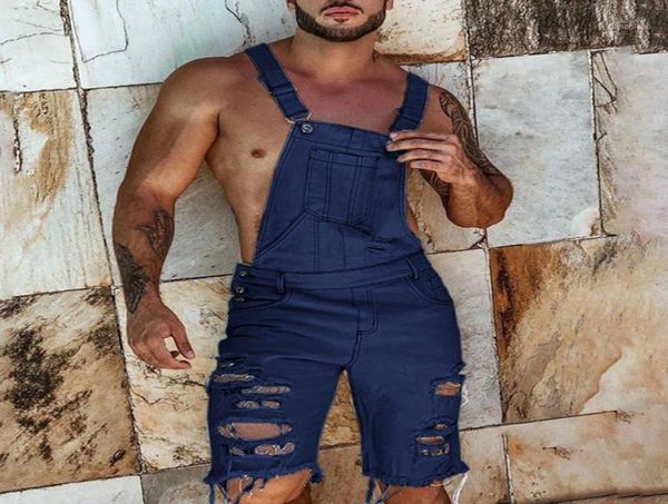 

men039s jeans summer men denim overalls hip hop ripped hole short distressed jumpsuits slim fit one piece trouser streetwear11217767, Blue
