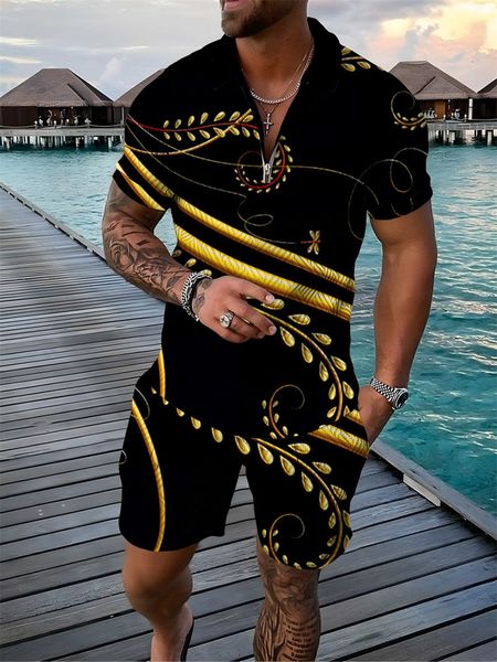

men s tracksuits tracksuit summer casual chain print short sleeve polo shirt shorts suit two piece set oversized streetwear male clothing 23, Gray