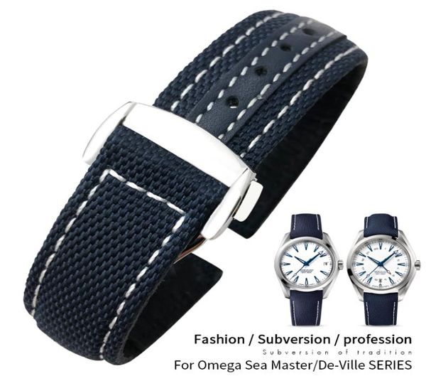 

20mm nylon canvas cowhide watchband for omega sea master 300 aqua terra 150 at150 8900 leather fabric blue black strap watch brace8701611, Black;brown