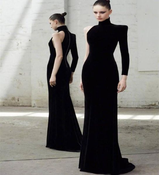 

long sleeves one shoulder evening dresses black mermaid evening gowns fashion velvet prom dress robe de soiree9185432, Black;red