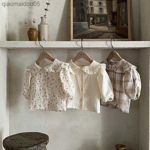 

girl baby spring thin blouse vintage floral shirt sweet peter pan collar thin coat plaid bottoming shirt girls cotton l230712, Blue;gray