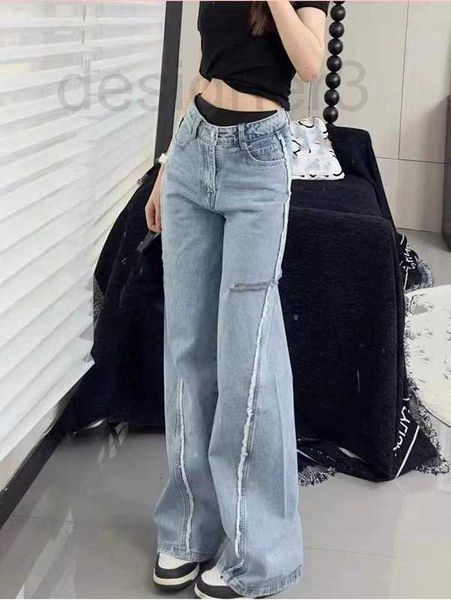 

women's jeans designer chic rubber band splicing trousers with cut ends 23 summer new fashion design ins fashionable wide leg jeans em3, Blue
