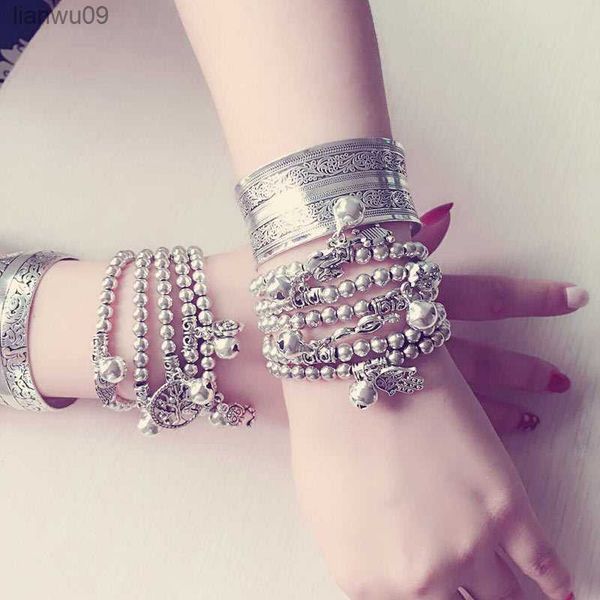 

yumfeel bohemian vintage tibetan silver plated beads bracelet owl elephant charm bracelets jewelry l230704, Black