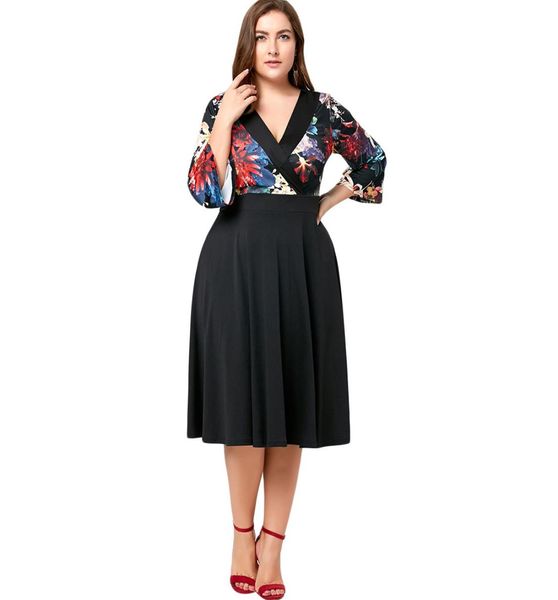 

charmma 2017 plus size 5xl autumn spring floral midi surplice dress women loose big size vintage v neck dress vestido9366936, White;black