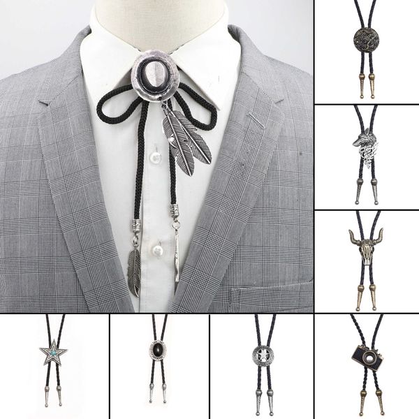 

bolo ties men's trendy bolo tie retro shirt chain bolo collar rope leather necklace tie dance necktie star wolf cattle pattern pendant, Red