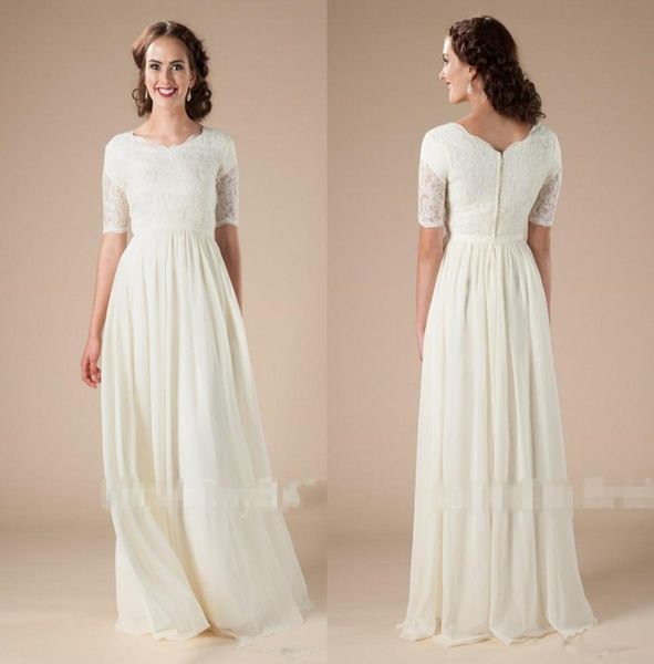 lace chiffon boho modest wedding dresses with short sleeves boho bridal gowns aline floor length reception informal lds wed dress6316258, White
