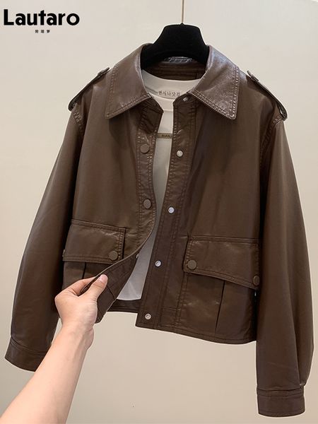 

women's jackets lautaro spring autumn short brown black soft faux leather jacket women turn down collar pockets loose casual korean fas, Black;brown