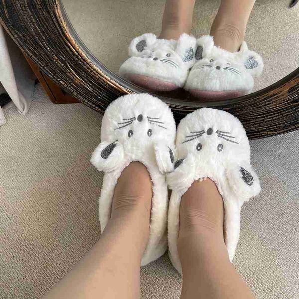 

house slipper women winter non skid grip indoor fur contton warm plush fluffy lazy female mouse ears home fuzzy flat shoes 2023 l230518, Black;grey