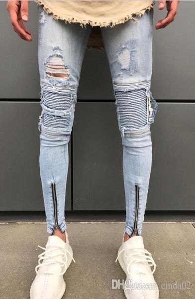 

men light blue biker jeans denim ripped holes slim supper skinny hip hop heans for men9865703
