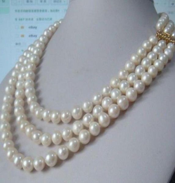 

fine pearls jewelry hutriple strands 9-10mm real south sea white pearl necklace 18-22"2831373, Silver