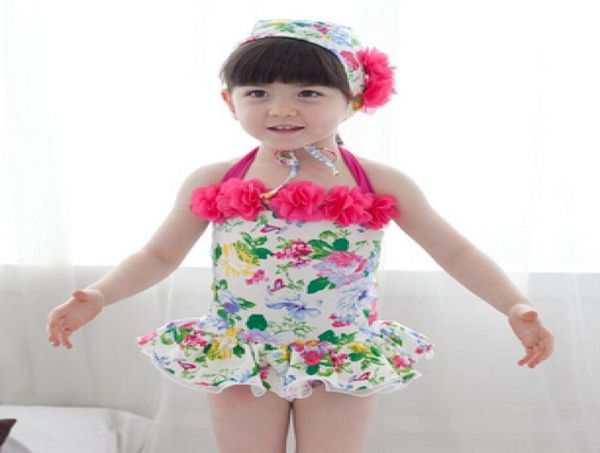 

2018 summer girls swimwear sweet cute printing kids bathing suit with flowers condole belt children onepiece swimsuit 90140 ab608904714, Black