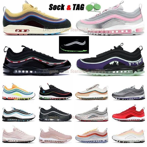 

2023 97 reflective running shoes silver pink undefeated black satan mschf x inri jesus sean witherspoon silver bullet mens womens 97s design