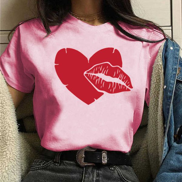 

2021 new lip love print large round neck short sleeve t-shirt, White