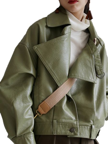 

women s jackets ftlzz spring autumn green faux leather casual women short vintage loose pu female black red coats 230720, Black;brown