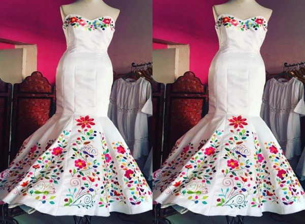 

2022 vintage mexican embroidered wedding dress chic white satin sweetheart corset back formal dresses for bride6365175