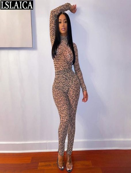 

jumpsuit women fashion letter printing jumpsuits for women long sleeve skinny clubwear see through enterizos para mujer 210609056364, Black;white