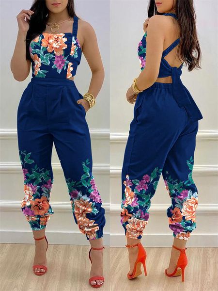 

women's jumpsuits rompers floral print crisscross tied detail backless jumpsuit of one fashion casual pieces for women 230719, Black;white