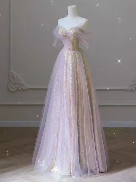 

prom dress shining sequins tulle long prom gowns off the shoulder lace-up back floor length, Black