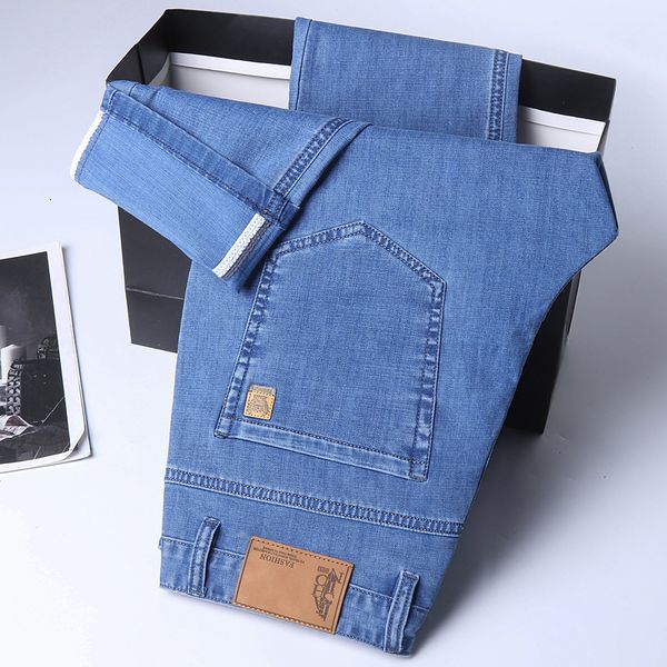 

mens jeans springsummer lightweight fit straight classic business clothes thin cotton elastic high waist casual trousers 230720, Blue