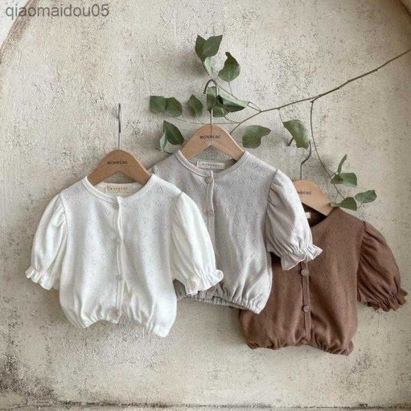 

2023 summer baby girl hollow out lace sunscreen air conditioning cardigan puff sleeve thin coat korean toddler girl clothes l230712, Blue;gray