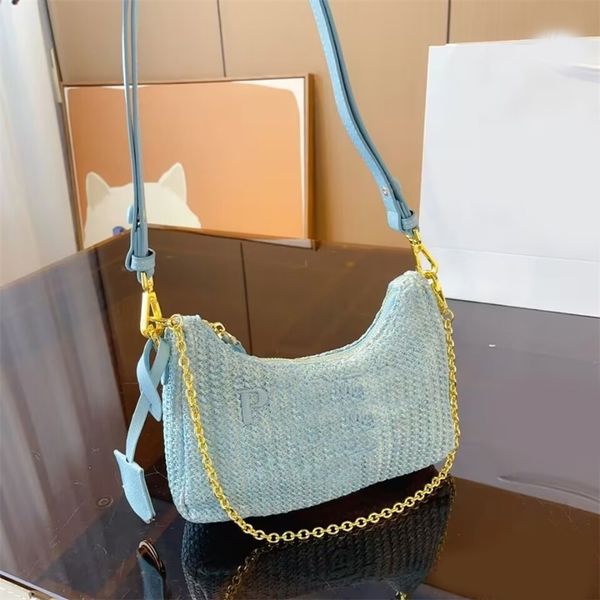

summer beach bag women straw crossbody designer bags nylon strap metal chain handbags baguettes drawstring bucket hobo bag luxury men xb052