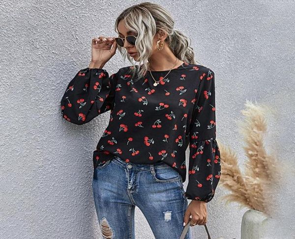 

women039s blouses shirts 2021 spring cute ladies cherry print black o neck long puff sleeve t shirt for women plus size8849354, White