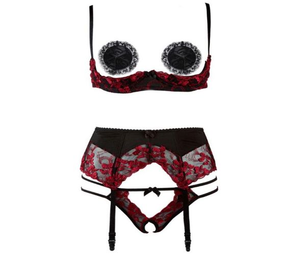 

bras sets ultrathin 14 cup bra and panty garter underwear set women lingerie embroidery lace open chest crotchless panties s2445130, Red;black