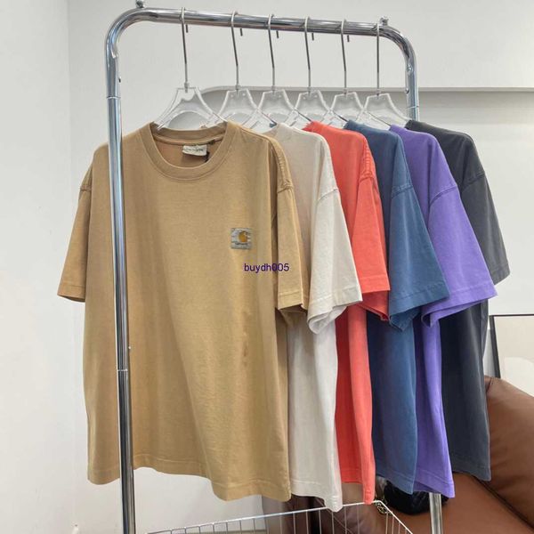 

new men's and women's fashion t-shirt high street brand carhart summer american casual batik wash round neck loose work clothes ou, White