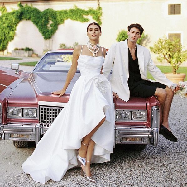 

spaghetti strap asymmetrical a line wedding dresses handmade flower draped satin country bridal gowns, White